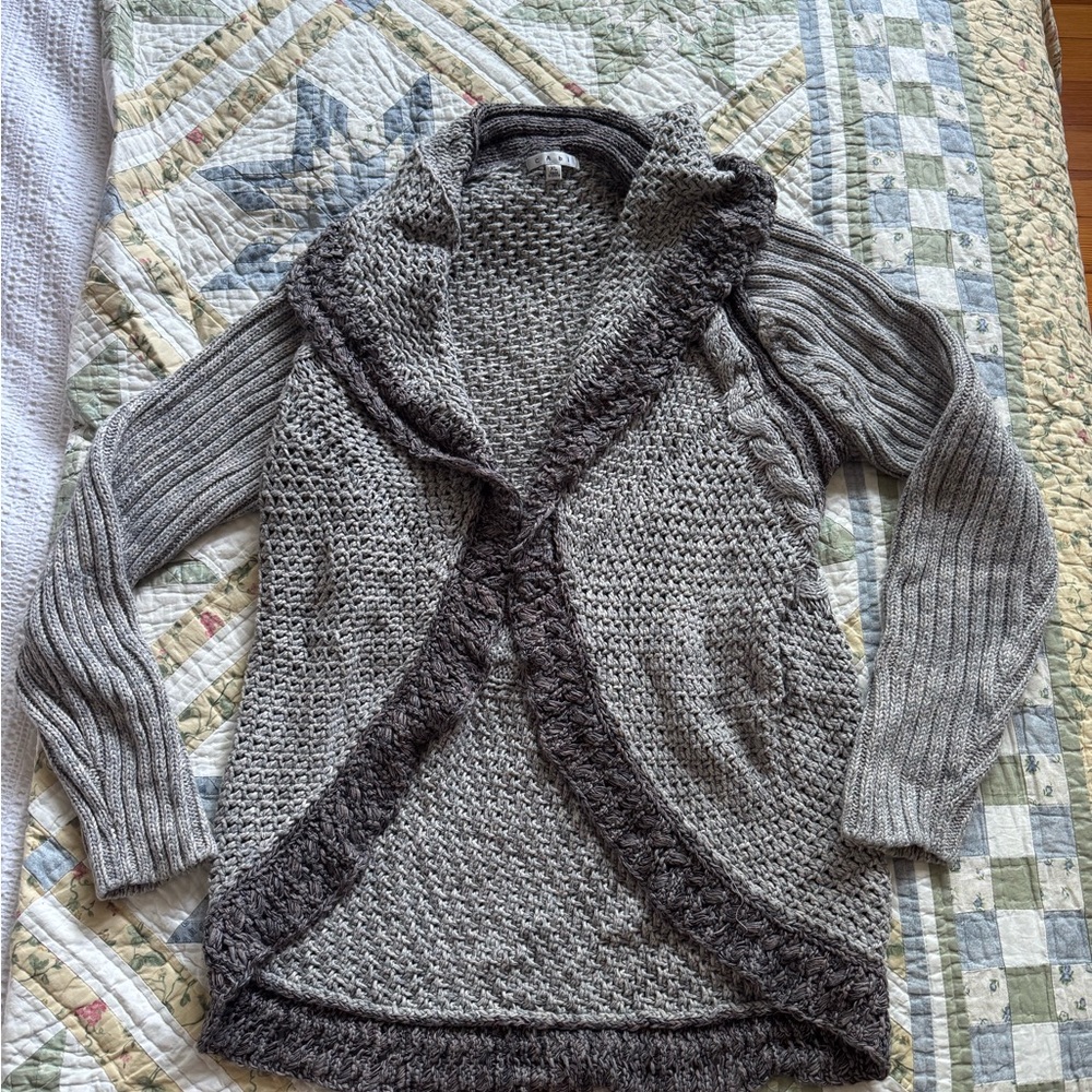 CAbi Gray Cardigan Sweater with Textured Knit Waterfall Design